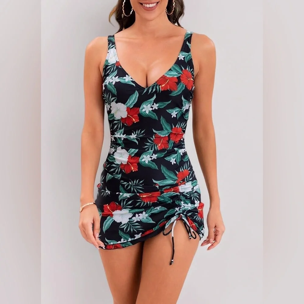 B2Prity Floral V-Neck Tummy Control Built-in Skirt Ruched One-Piece Swimsuit NWT - Picture 3 of 9